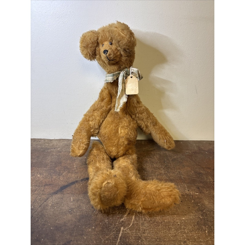 Vtg Jointed Teddy Bear Belly Long Body Neck Awkward Primitive Americana Cottage